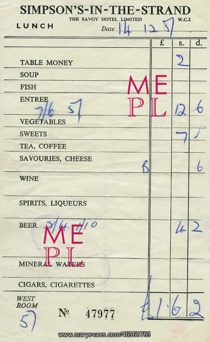 : Bill for lunch at Simpson's-in-the-Strand - 1951 : Bill for lunch at Simpson's-in-the-Strand - 1951