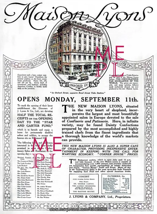 : Lyons Corner House advertisement, 1916 : Lyons Corner House advertisement, 1916