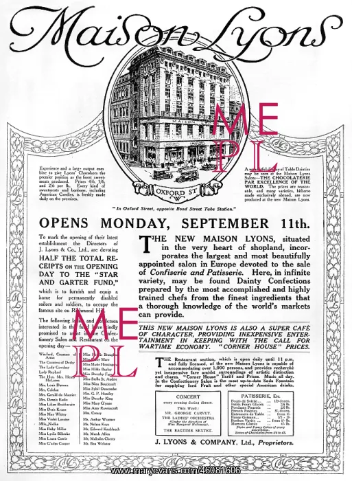: Lyons Corner House advertisement, 1916 : Lyons Corner House advertisement, 1916