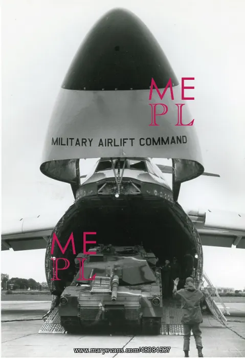 : An M-1 Abrams tank leaves a Lockheed C-5A Galaxy : An M-1 Abrams tank leaves a Lockheed C-5A Galaxy