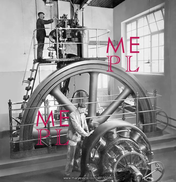 : Machinists check a diesel motor, 1900 : Machinists check a diesel motor, 1900