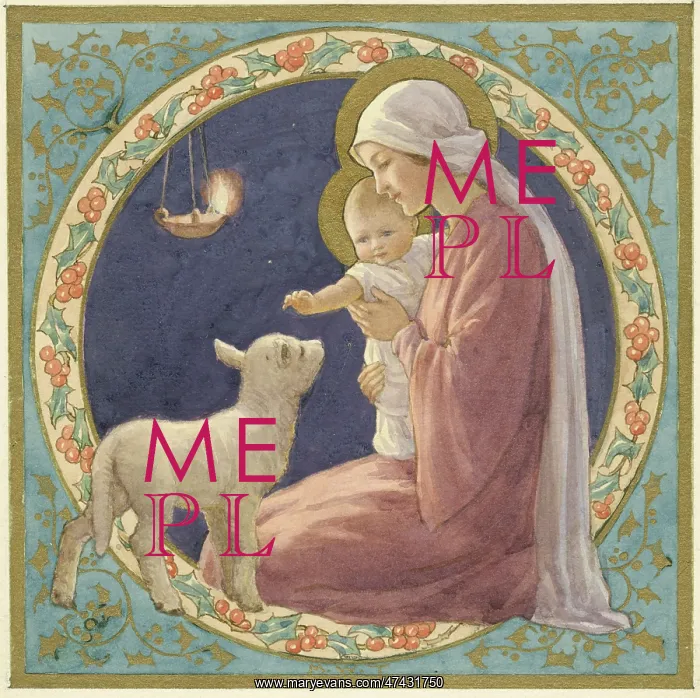 : Madonna and Child with Lamb in circle of holly : Madonna and Child with Lamb in circle of holly