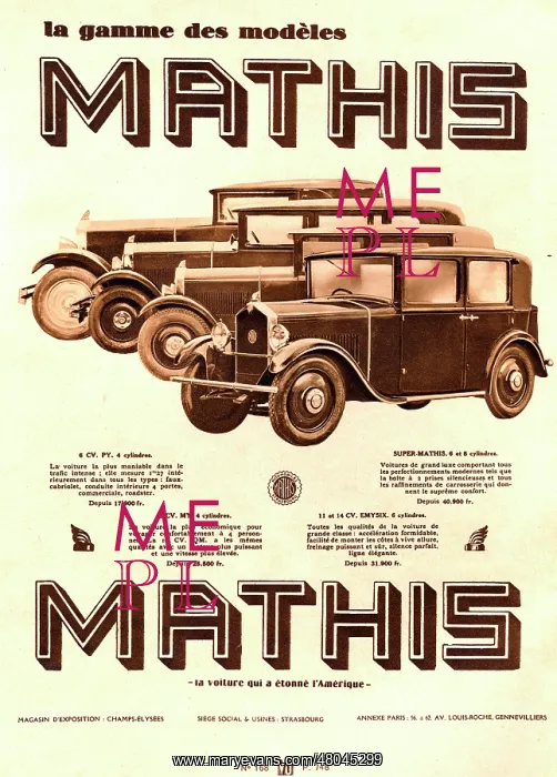 : Magazine Advertisement for Mathis cars : Magazine Advertisement for Mathis cars