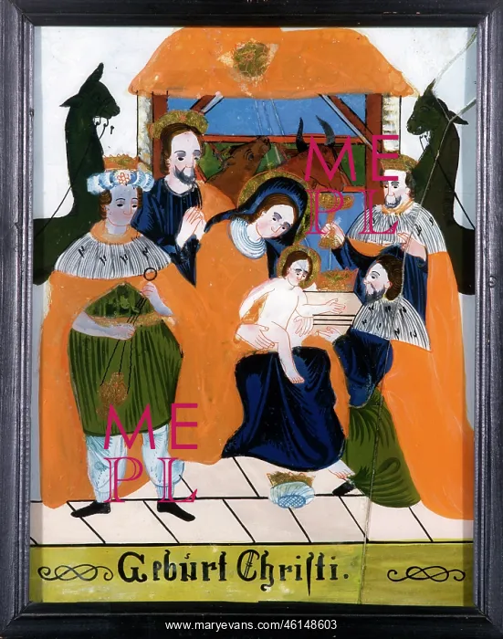 : Three mage in front of the manger, birth of Christ, 19. Cent : Three mage in front of the manger, birth of Christ, 19. Cent