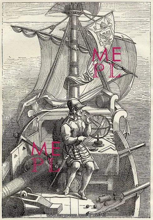 : MAGELLAN. Fernao de Magalhaes, on the deck of the Victoria caravel, calculates his course : MAGELLAN. Fernao de Magalhaes, on the deck of the Victoria caravel, calculates his course