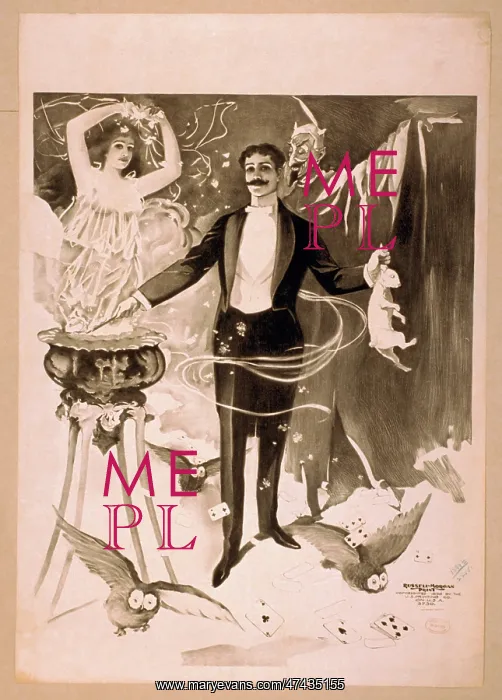 : Magician holding rabbit and conjuring spirit surrounded by d : Magician holding rabbit and conjuring spirit surrounded by d