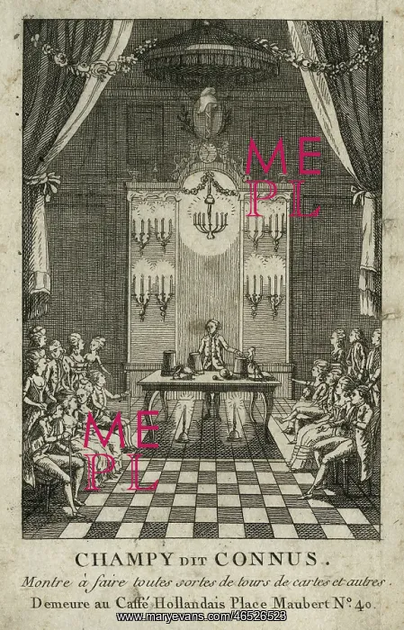: Magician performing the cup and balls trick in front of a se : Magician performing the cup and balls trick in front of a se