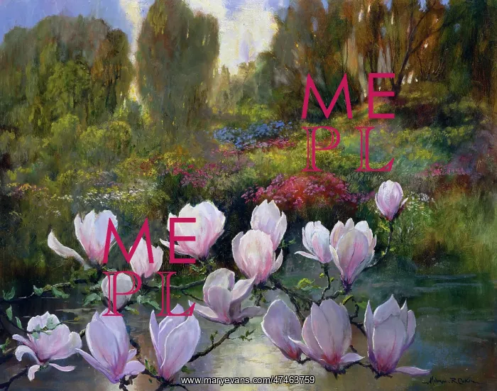  : Magnolias. Magnolia branches in foreground with pond and flowery meadow and trees behind