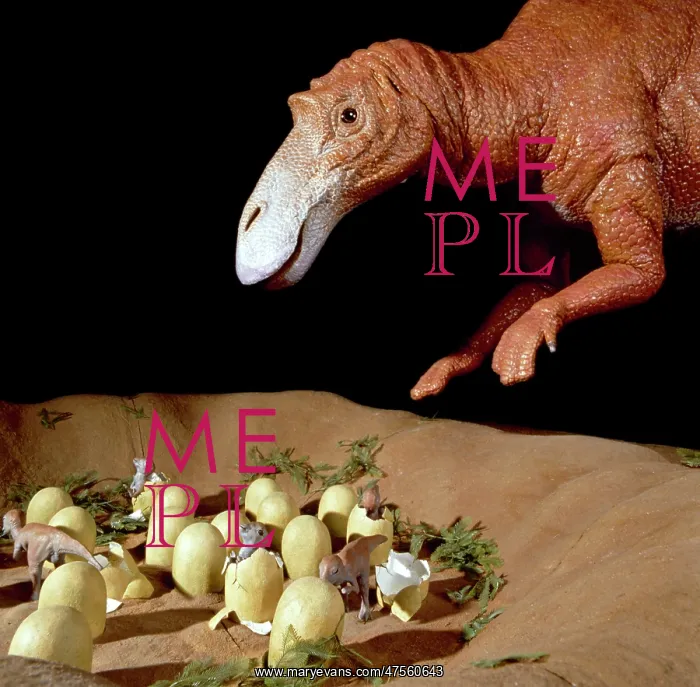 : Maiasaura with nest of eggs and hatchlings : Maiasaura with nest of eggs and hatchlings