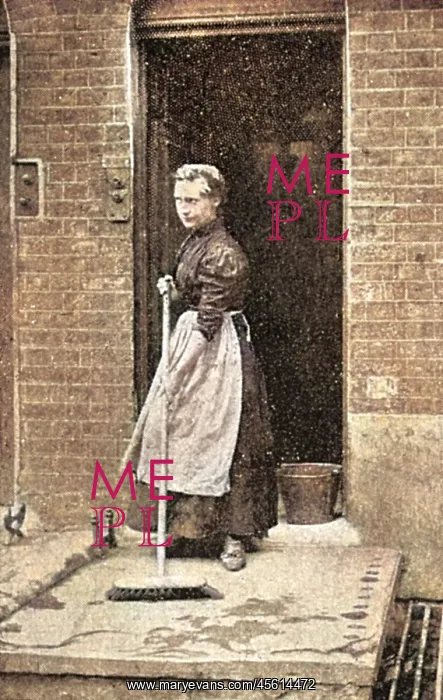 : A maid-of-all-work sweeps a step, c. 1900 : A maid-of-all-work sweeps a step, c. 1900