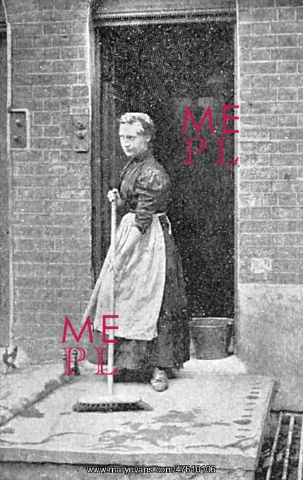 : A maid-of-all-work sweeps a step, c. 1900 : A maid-of-all-work sweeps a step, c. 1900