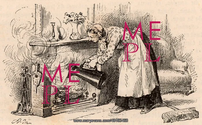 : A maid pouring a jug of water on a fire in an : A maid pouring a jug of water on a fire in an