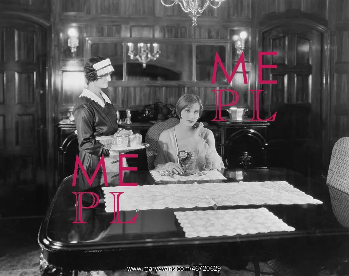 : Maid serving woman at table : Maid serving woman at table