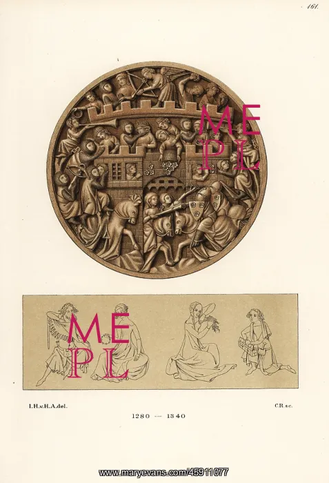 : Maidens defending a castle from invading knights, 13th C : Maidens defending a castle from invading knights, 13th C