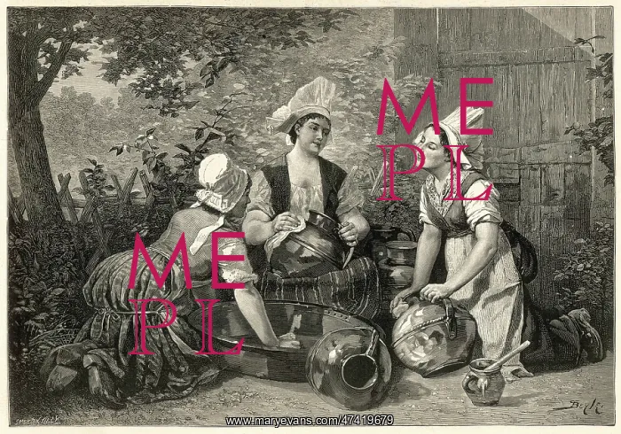 : Three maids cleaning pots : Three maids cleaning pots