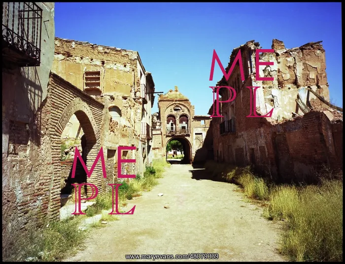 : Main street with gatehouse, Belchite, Spain : Main street with gatehouse, Belchite, Spain