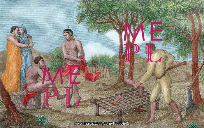 : Maipure Indians grilling the legs of a dead enemy : Maipure Indians grilling the legs of a dead enemy