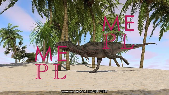 : Majungasaurus running across a tropical landscape : Majungasaurus running across a tropical landscape