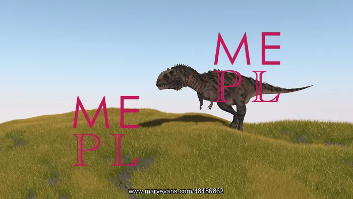 : Majungasaurus walking across a grassy field : Majungasaurus walking across a grassy field