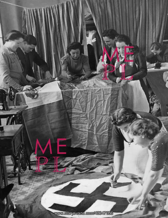 : Making of flags at the Condor Legion in Spain, 1939 : Making of flags at the Condor Legion in Spain, 1939