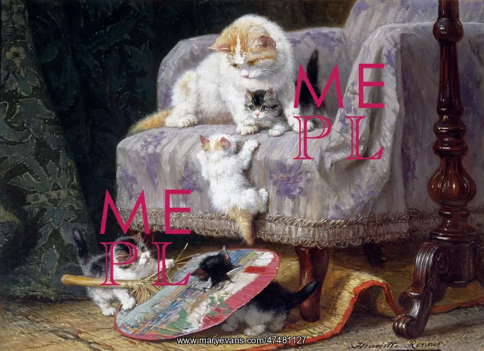 : Making Mischief ' a cat on an armchair with kittens : Making Mischief ' a cat on an armchair with kittens