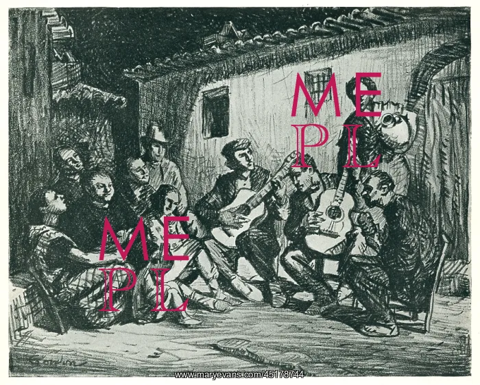 : Malaquera. This pencil drawing captures a musical scene in which a closely : Malaquera. This pencil drawing captures a musical scene in which a closely