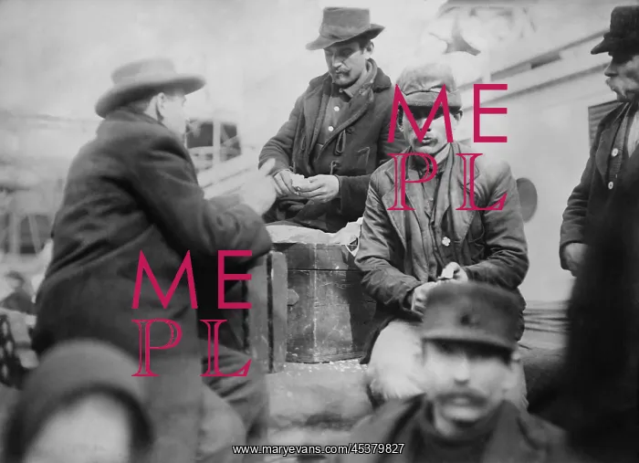 : Male immigrants at mess on the deck of the : Male immigrants at mess on the deck of the