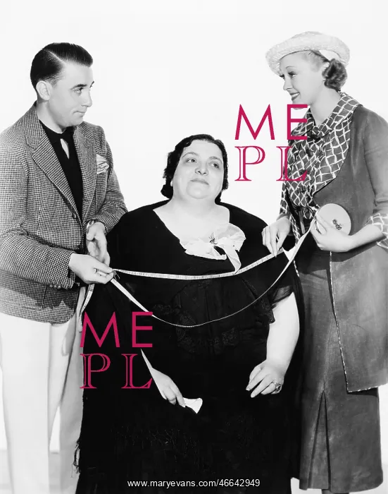 : Male tailor and his assistant measuring an overweight : Male tailor and his assistant measuring an overweight