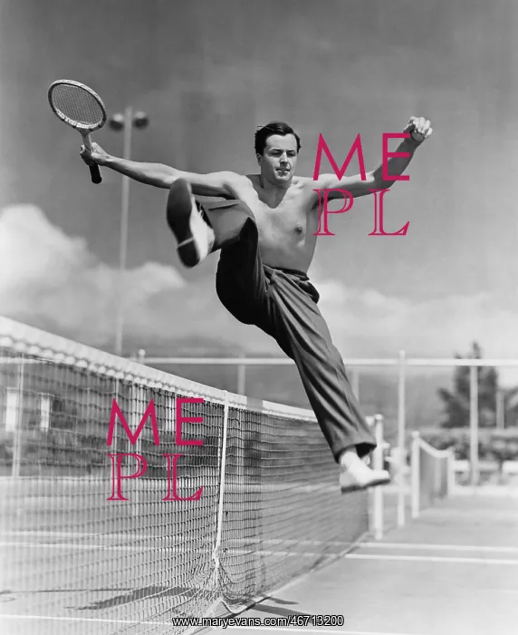 : Male tennis player jumping over net : Male tennis player jumping over net