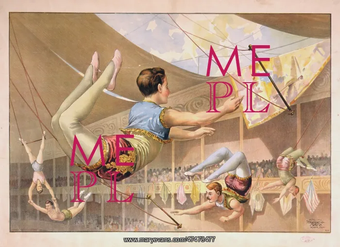 : Five male trapeze artists performing at a circus : Five male trapeze artists performing at a circus
