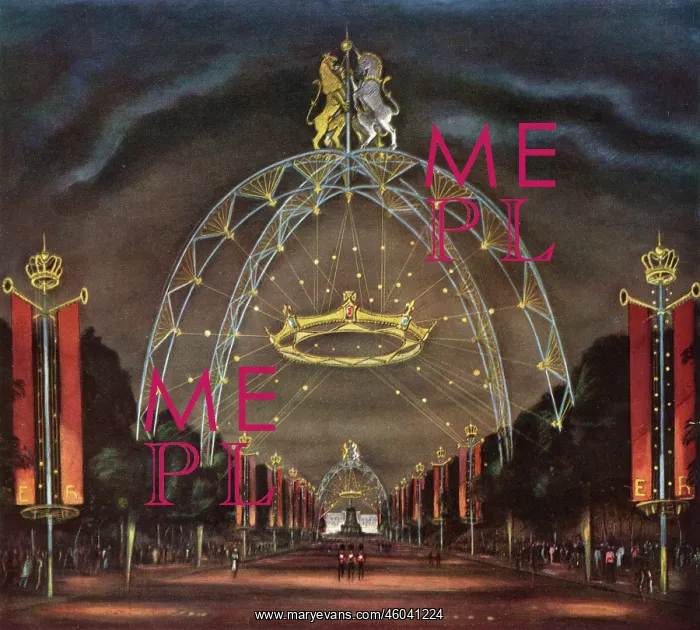 : The Mall at night decorated for the Coronation, 1953 : The Mall at night decorated for the Coronation, 1953