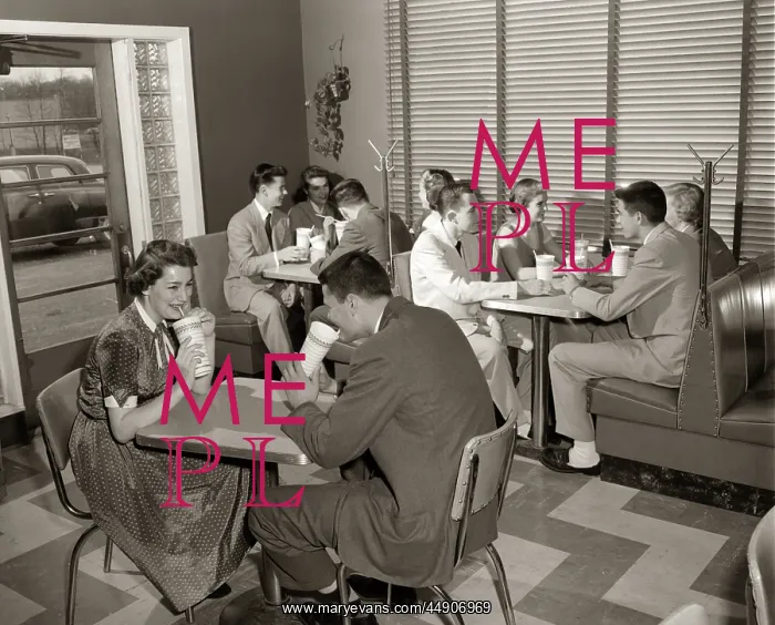 : Malt shop interior with teens at booths drinking : Malt shop interior with teens at booths drinking