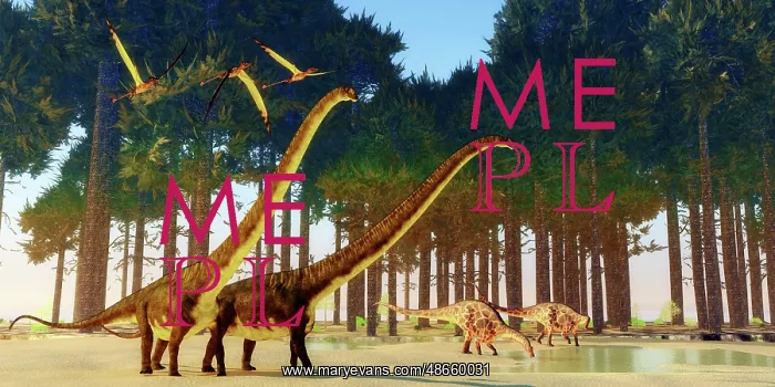 : Mamenchisaurus and Dicraeosaurus dinosaurs drink from a pond : Mamenchisaurus and Dicraeosaurus dinosaurs drink from a pond