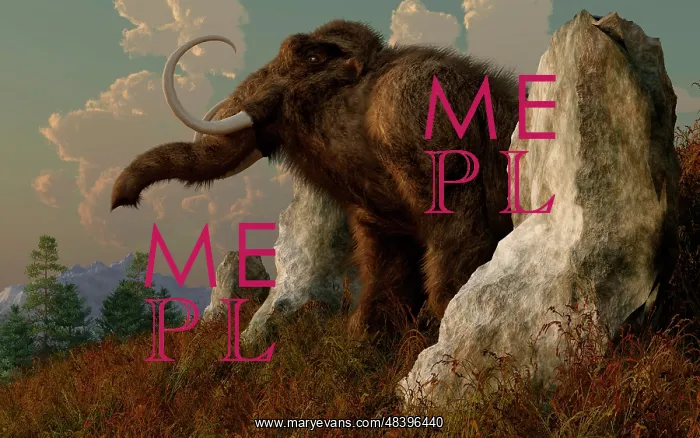 : A mammoth standing among stones on a hillside : A mammoth standing among stones on a hillside