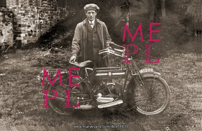 : Man with 1910 Rex motorcycle : Man with 1910 Rex motorcycle