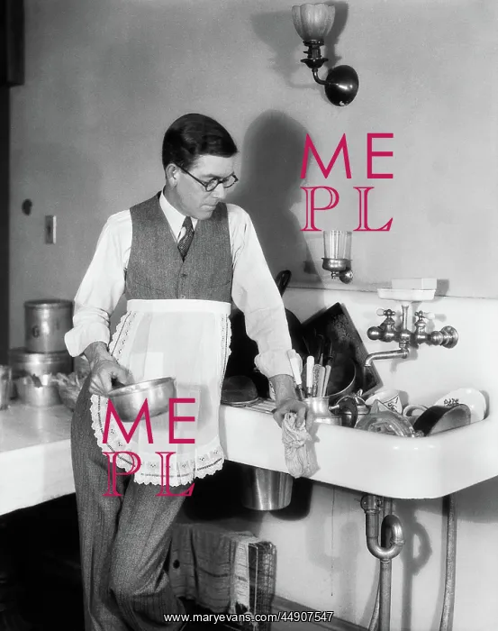 : Man in apron leaning on sink full of dirty dishes : Man in apron leaning on sink full of dirty dishes