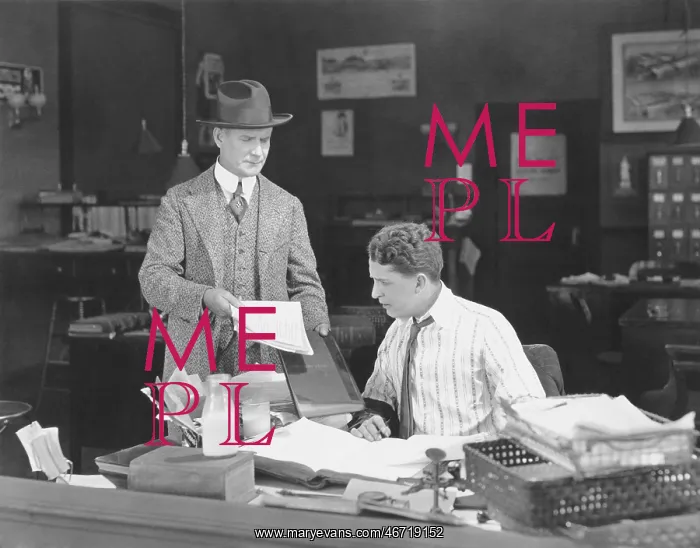 : Man with attitude showing papers to office worker : Man with attitude showing papers to office worker