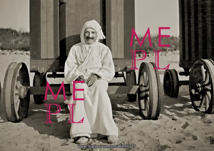 : Man in bath robe outside bathing hut : Man in bath robe outside bathing hut