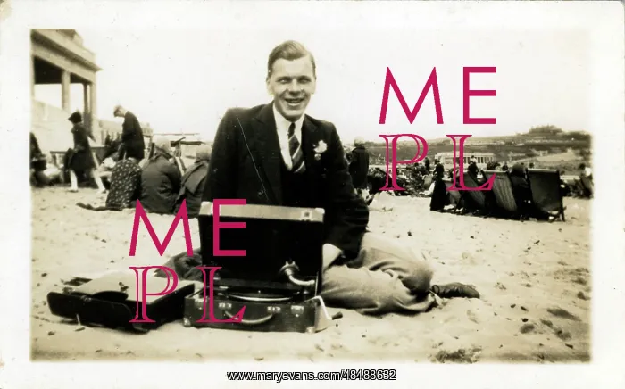 : Man at Beach with Portable Gramophone : Man at Beach with Portable Gramophone