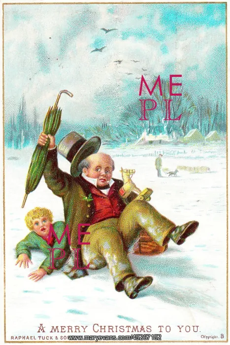 : Man and boy falling over in snow on a Christmas card : Man and boy falling over in snow on a Christmas card