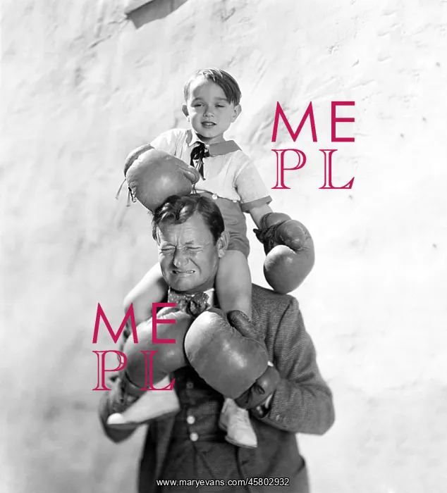 : Man and boy wearing boxing gloves : Man and boy wearing boxing gloves