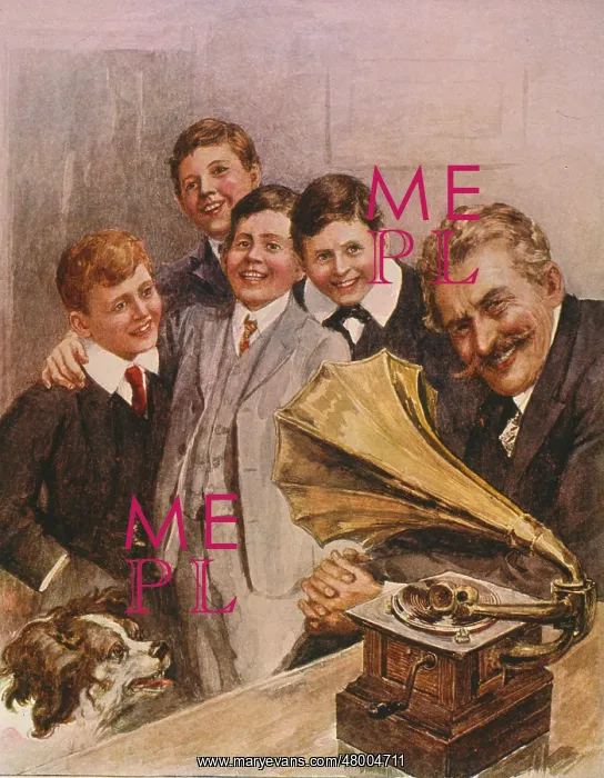 : Man and boys with a wind-up gramophone : Man and boys with a wind-up gramophone