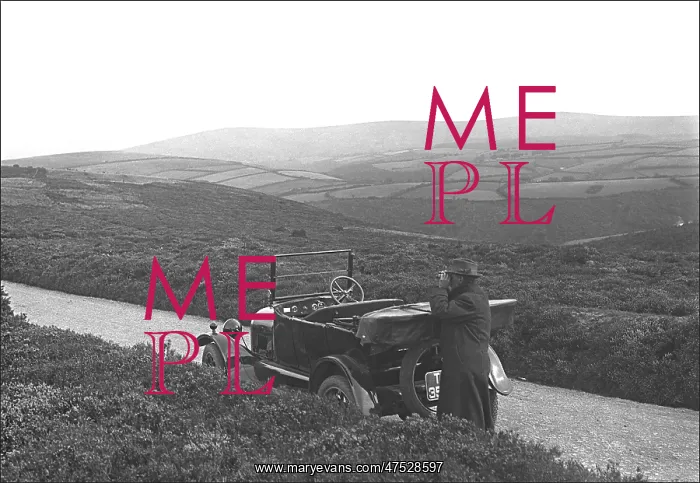 : Man and car on a country lane in Devon : Man and car on a country lane in Devon