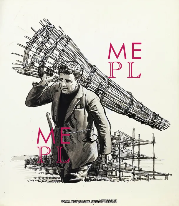: Man carrying an eel trap : Man carrying an eel trap