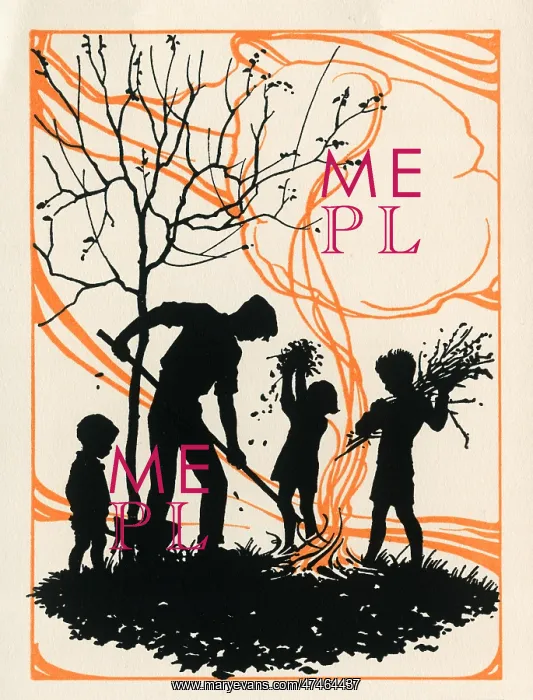 : Man and three children making a bonfire : Man and three children making a bonfire