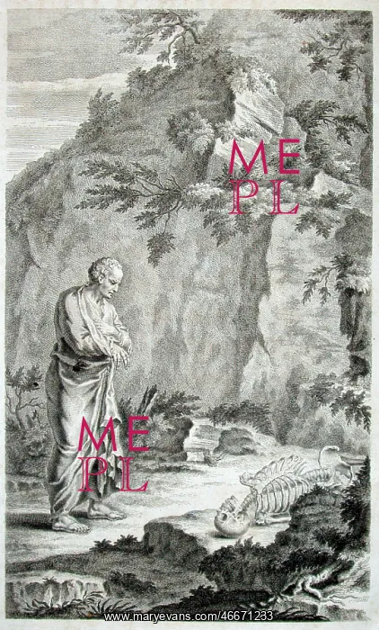 : Man in classical dress contemplating a skeleton : Man in classical dress contemplating a skeleton