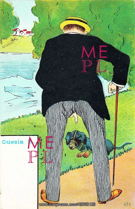 : Man and his dog on a comic Italian postcard : Man and his dog on a comic Italian postcard