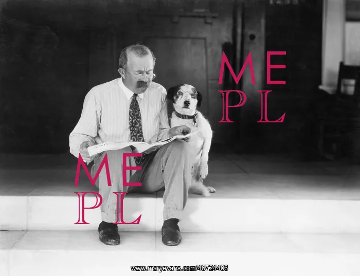 : Man and dog sitting on the steps reading the newspaper : Man and dog sitting on the steps reading the newspaper