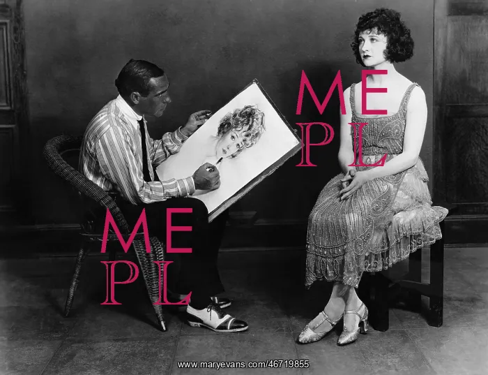 : Man drawing portrait of woman : Man drawing portrait of woman