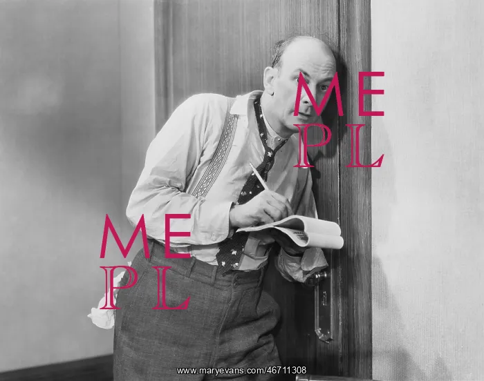 : Man eavesdropping listening through door : Man eavesdropping listening through door